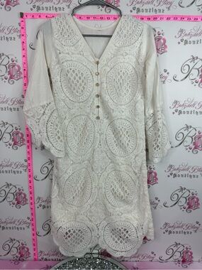 Dress long sleeve white Crochet Lace V-Neck Tunic Dress with Button Placket
